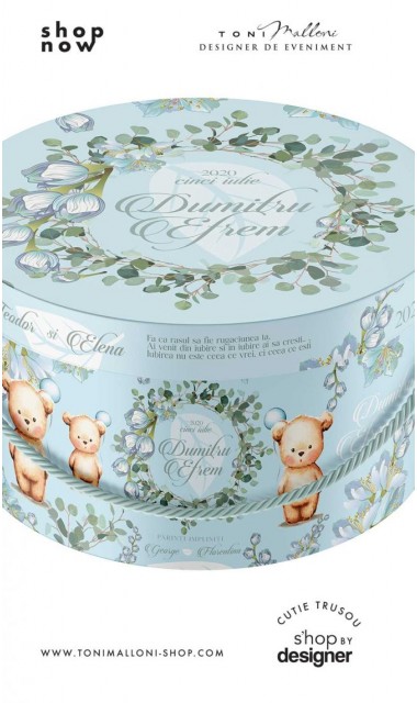 Cutie trusou botez albastra cu eucalipt si un ursulet haios Little Blue Bear 2